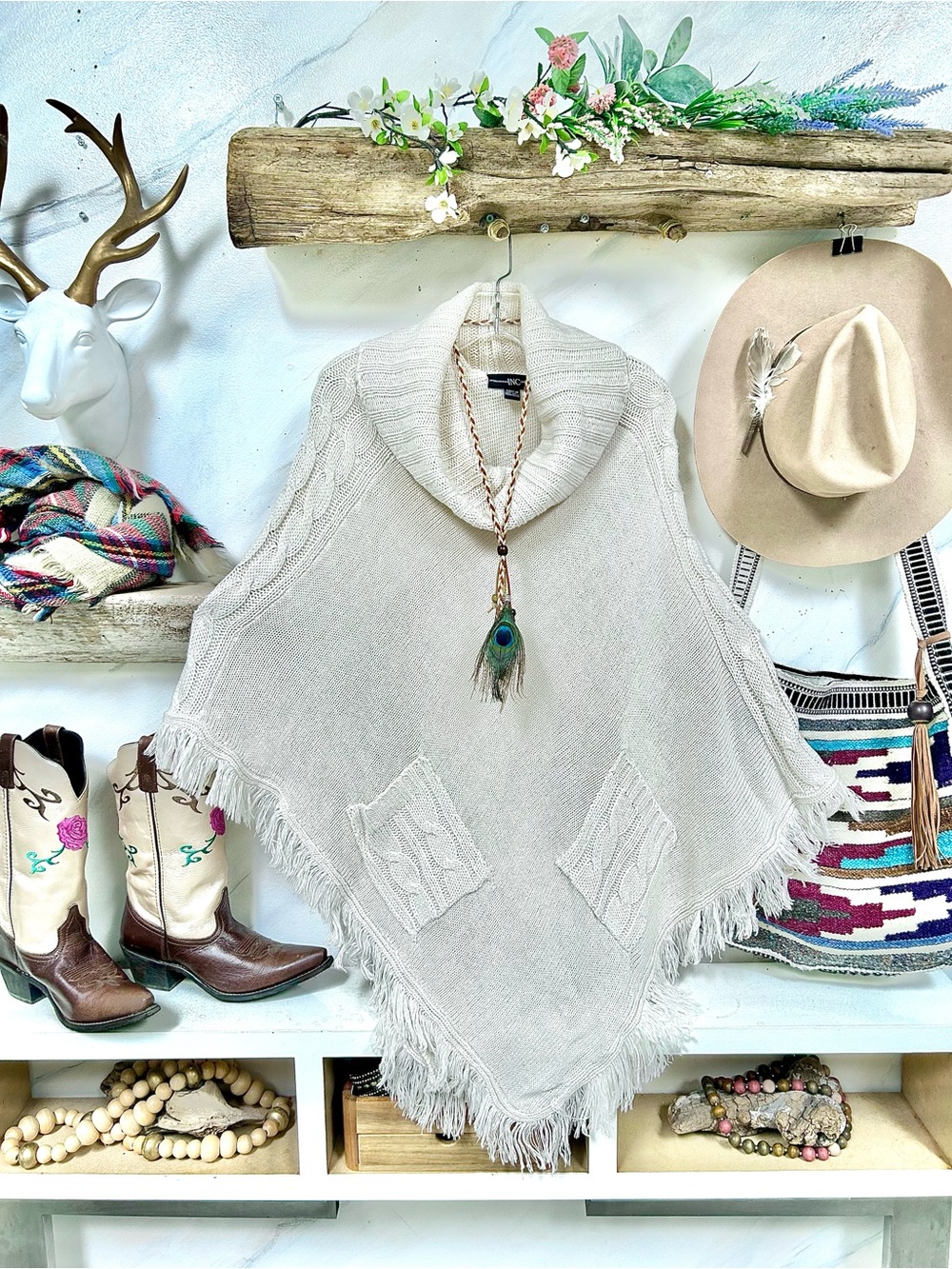 Fringe Cable-Knit boho FALL Poncho w cottagecore farmhouse cabin vibe